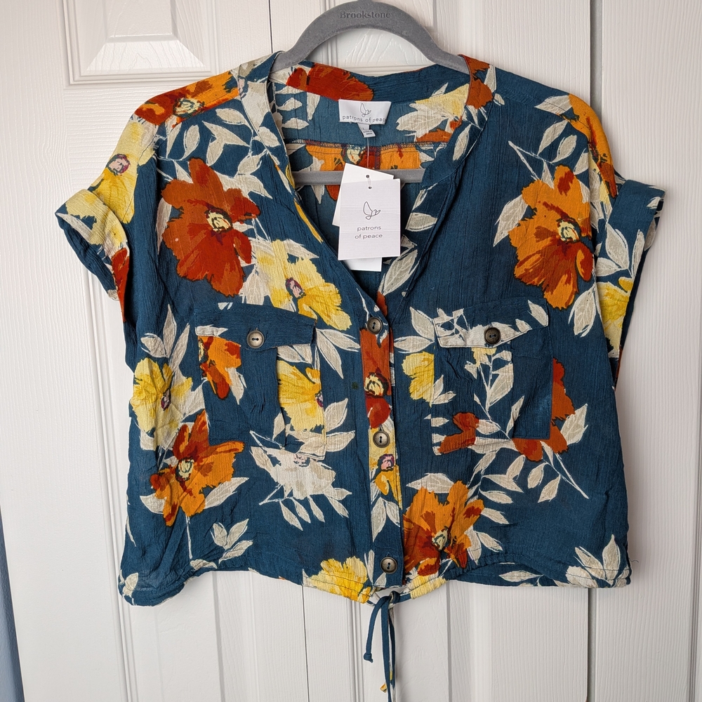 Patrons of Peace Blue Floral Blouse with Red and Yellow Accents